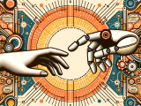 DALL·E 2023-10-22 18.27.29 - Vector design of a human hand and a robot hand reaching out to each other, symbolizing collaboration and adaptation in the era of AI. The backdrop has
