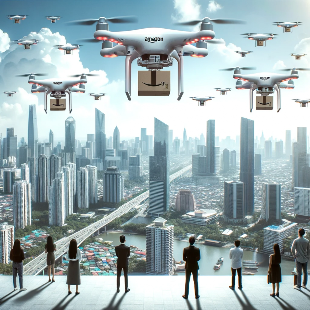 DALL·E 2023-10-22 19.16.07 - Photo of a cityscape with Amazon drones flying overhead, delivering packages to various locations. Below, people look up in wonder and curiosity. The