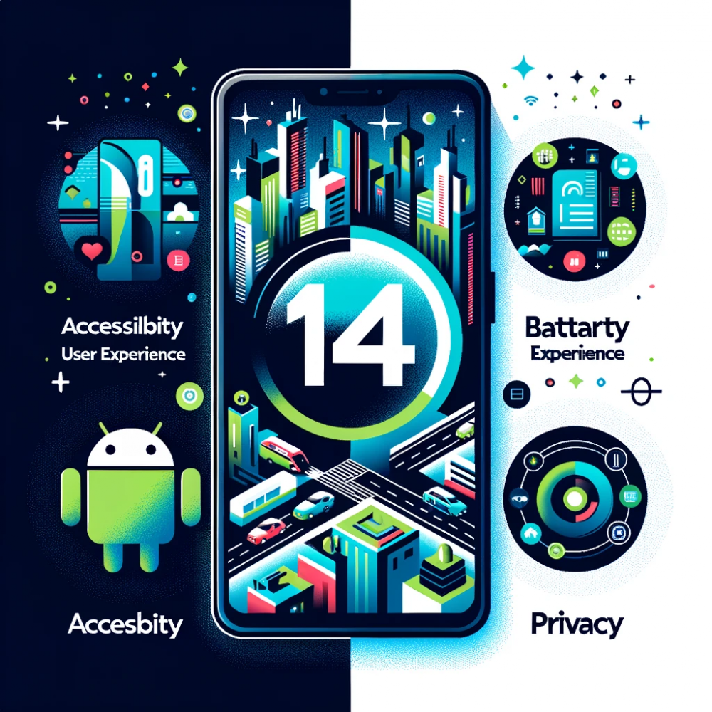 DALL·E 2023-10-23 08.08.54 - Vector design showcasing a split screen one half displays an Android smartphone with Android 14 logo and icons of accessibility, battery life, and pr