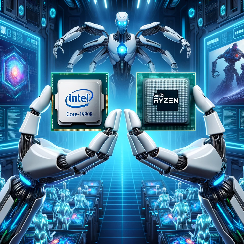 DALL·E 2023-10-23 08.20.22 - Illustration of two futuristic robotic arms, one representing Intel and the other AMD. Each arm is holding up their respective processor chips, the In