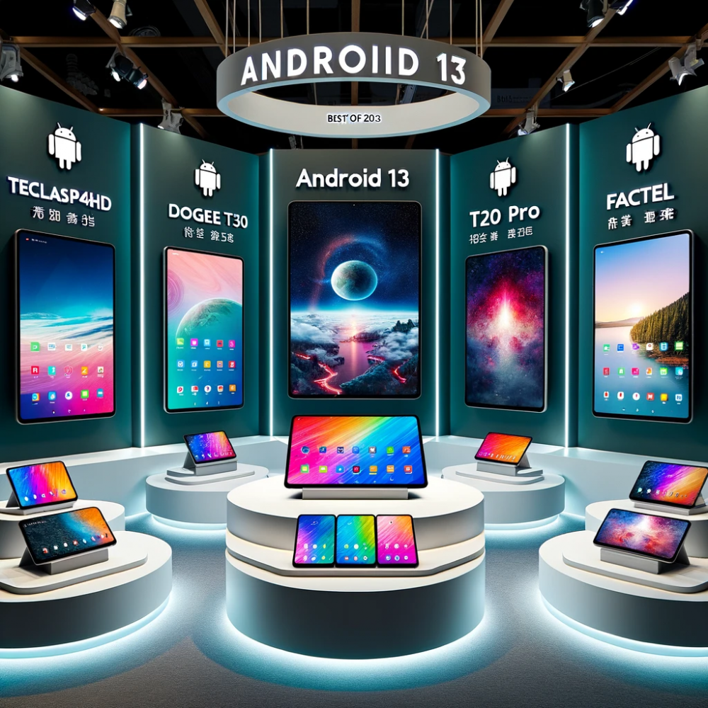 DALL·E 2023-10-23 08.46.45 - Photo of a modern tech showcase environment displaying the five Android 13 tablets TECLAST P40HD, DOOGEE T30 Pro, T20S, FACETEL, and TECLAST M50 Pro