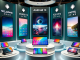 DALL·E 2023-10-23 08.46.45 - Photo of a modern tech showcase environment displaying the five Android 13 tablets TECLAST P40HD, DOOGEE T30 Pro, T20S, FACETEL, and TECLAST M50 Pro