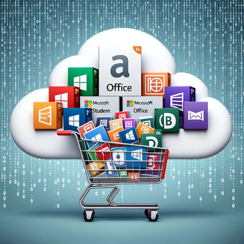DALL·E 2023-10-23 17.02.47 - Illustration of a digital shopping cart filled with various Microsoft Office boxes like Home & Student 2021, Home & Business 2021, and Microsoft 365 P
