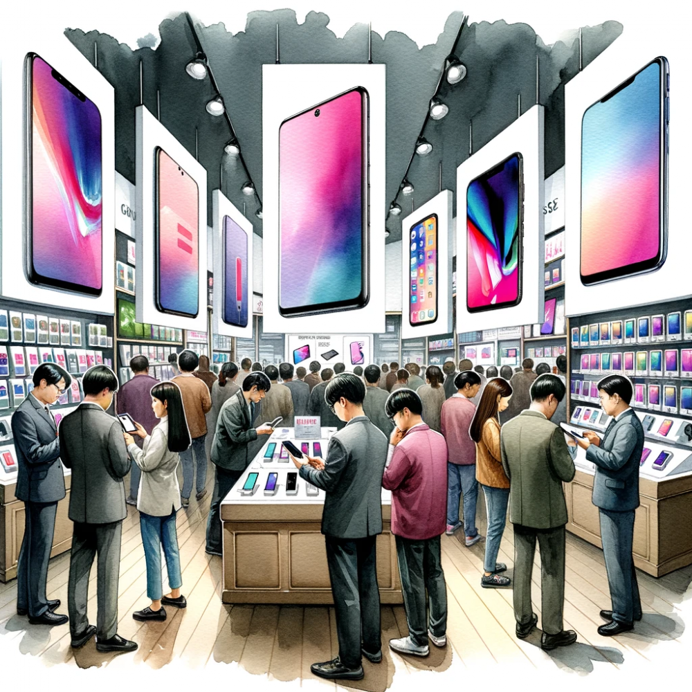 DALL·E 2023-10-23 19.41.30 - Watercolor painting of a tech store interior where customers of diverse descent are interacting with the showcased smartphones. The store has banners