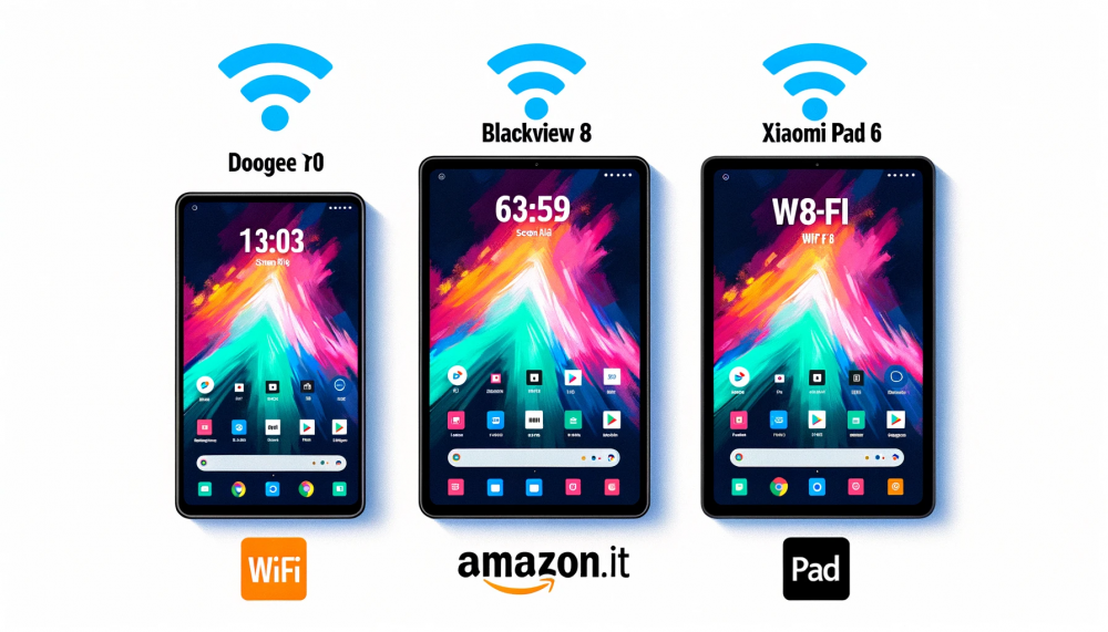 DALL·E 2023-10-23 20.57.14 - Illustration of a comparison chart showcasing the three Android tablets with Wi-Fi 6 'DOOGEE R10', 'Blackview Tab 8', and 'Xiaomi Pad 6'. The chart h