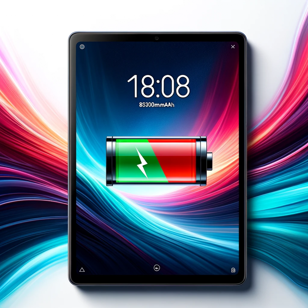 DALL·E 2023-10-23 21.15.03 - Photo of DOOGEE T10 Tablet showcasing its sleek design with a battery icon symbolizing its 8300mAh power