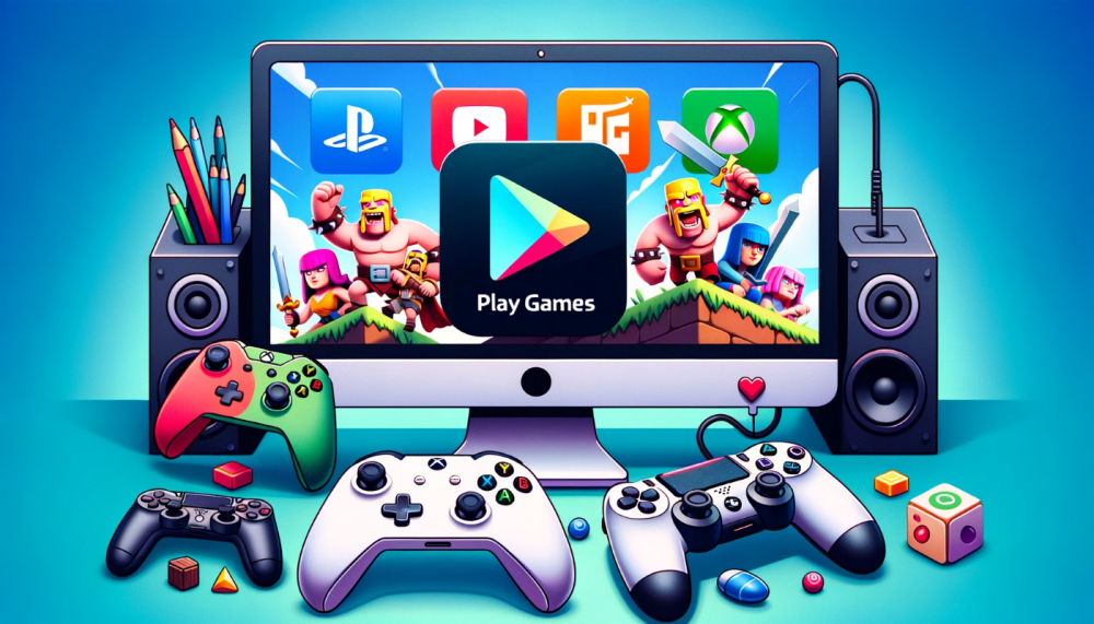 DALL·E 2023-10-24 08.11.18 - Illustrazione di un PC con lo schermo che mostra il logo di Google Play Games, affiancato da icone dei giochi Clash of Clans e Clash Royale. Sullo sfo