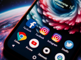 DALL·E 2023-10-24 08.22.40 - Foto di un telefono Android che mostra le icone di Facebook e Instagram sulla schermata principale. Entrambe le icone si adattano al colore del tema d