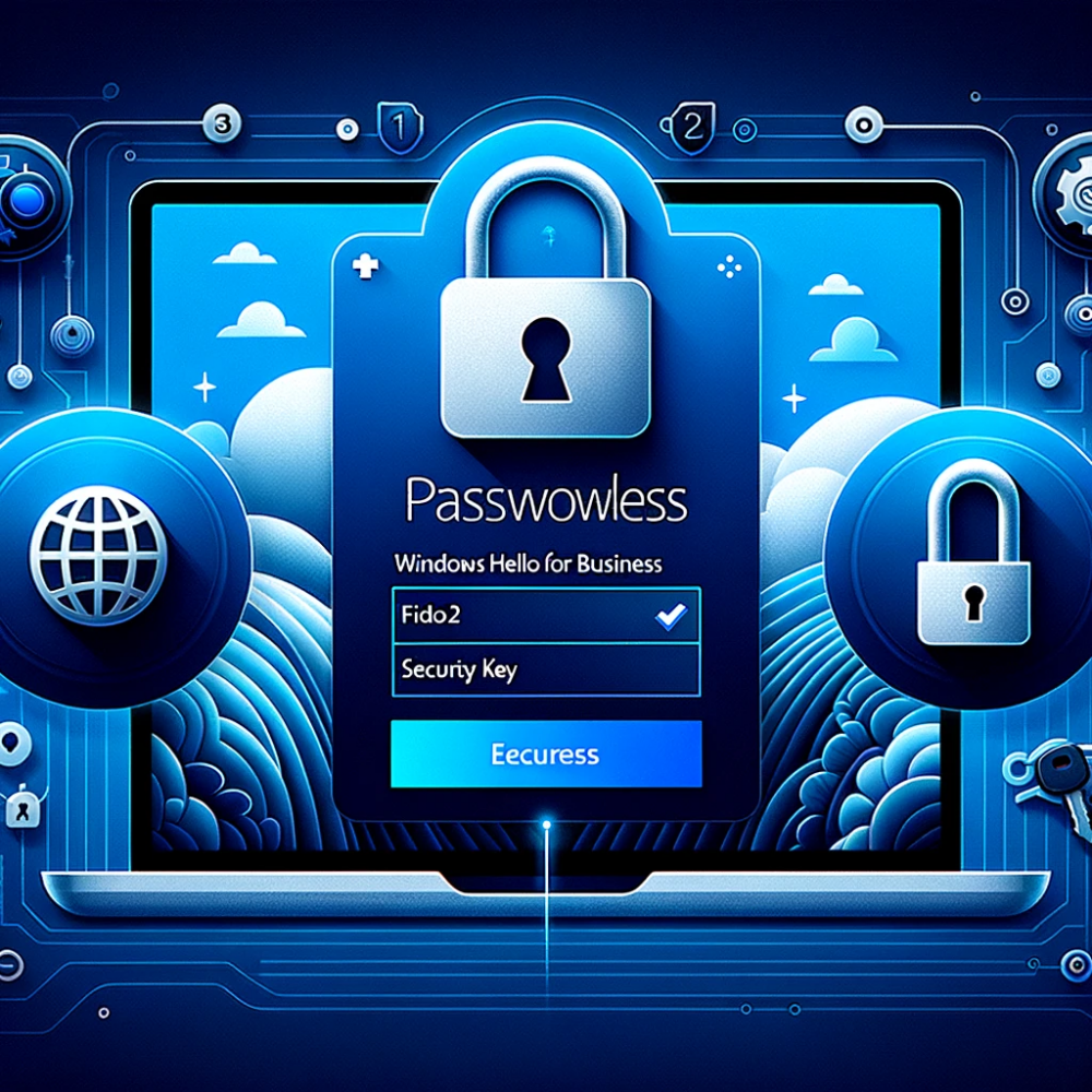 DALL·E 2023-10-24 08.30.35 - Illustration of a Windows 11 login screen that highlights the passwordless features. Icons represent Windows Hello for Business, FIDO2 security key, a