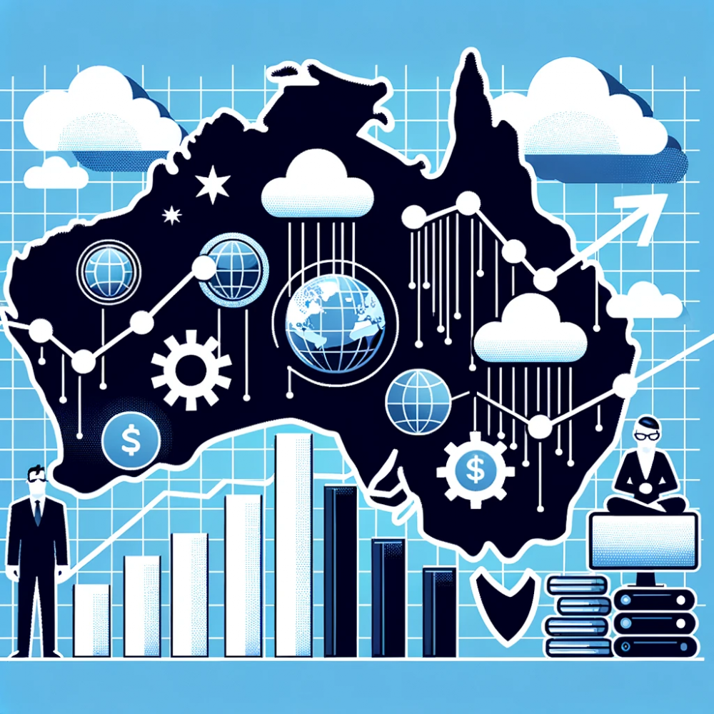 DALL·E 2023-10-24 08.42.32 - Illustrazione che rappresenta la crescita dell'industria tecnologica in Australia. Sullo sfondo, una silhouette dell'Australia, e sul primo piano, ico