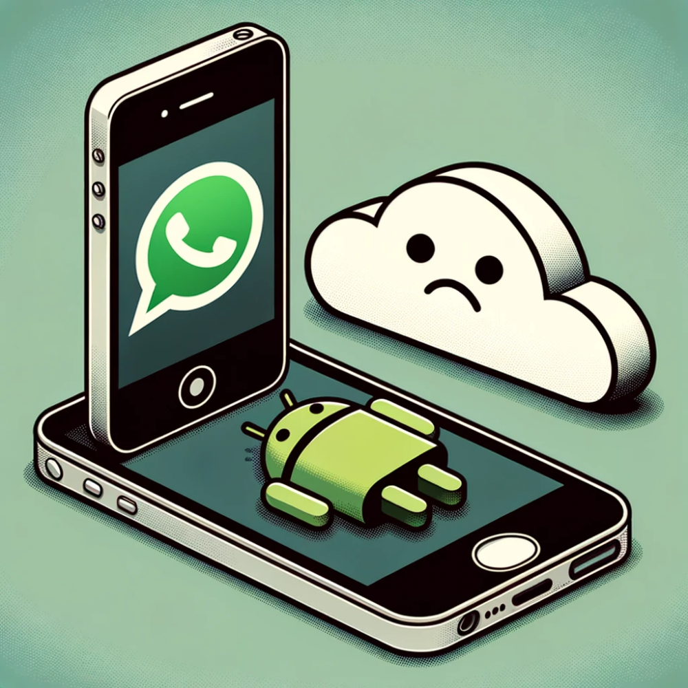 DALL·E 2023-10-24 19.14.02 - Vector image of an iPhone 4s and an old Android phone lying side by side on a table. Above them, there's a cloud with a sad emoticon and the WhatsApp