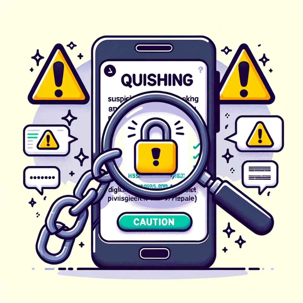 DALL·E 2023-10-24 19.33.48 - Illustration of a smartphone displaying an SMS message with a suspicious link. The screen is overlaid with a magnifying glass highlighting the word 'Q