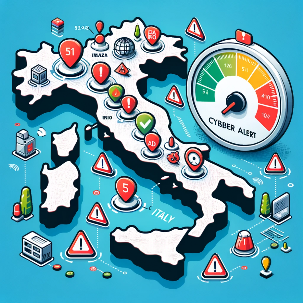 DALL·E 2023-10-24 20.36.51 - Vector image of a map of Italy with various cyber alert symbols popping up across the country. On the side, there's a gauge meter indicating the cyber