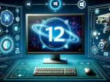 DALL·E 2023-10-24 21.34.03 - Illustration of a futuristic computer setup with the Windows 12 logo prominently displayed on the monitor. Surrounding the monitor are holographic pro
