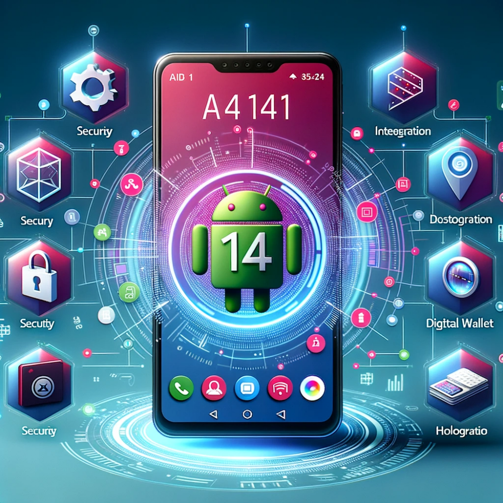 DALL·E 2023-10-24 21.49.49 - Illustration of a modern smartphone displaying the Android 14 logo and a dynamic user interface filled with customizable widgets. Surrounding the phon