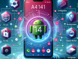 DALL·E 2023-10-24 21.49.49 - Illustration of a modern smartphone displaying the Android 14 logo and a dynamic user interface filled with customizable widgets. Surrounding the phon