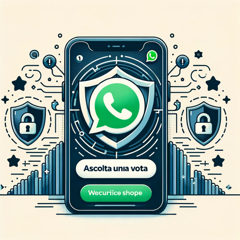 DALL·E 2023-10-25 05.16.21 - Illustration of the WhatsApp logo surrounded by voice waves and security shields. Below, a user interface snippet shows the 'Ascolta Una Volta' featur