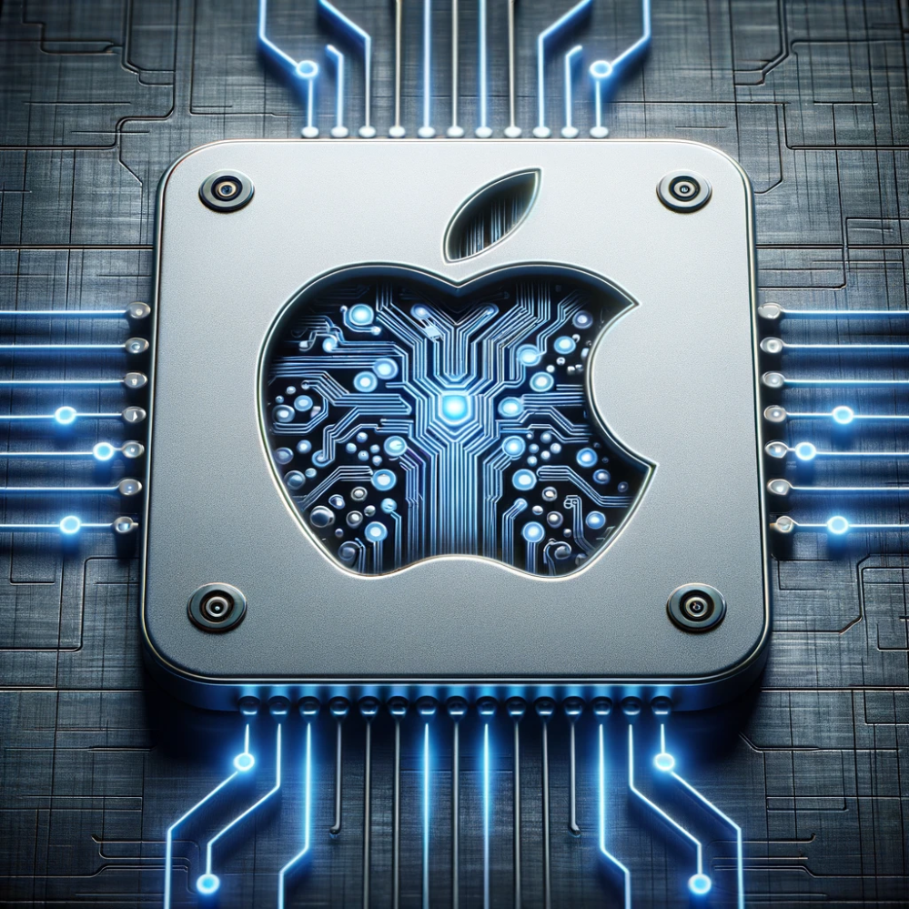 DALL·E 2023-10-25 05.51.56 - Photo of the Apple logo with AI circuitry intertwined, showcasing the blend of Apple's iconic design with advanced AI technology. The background is a