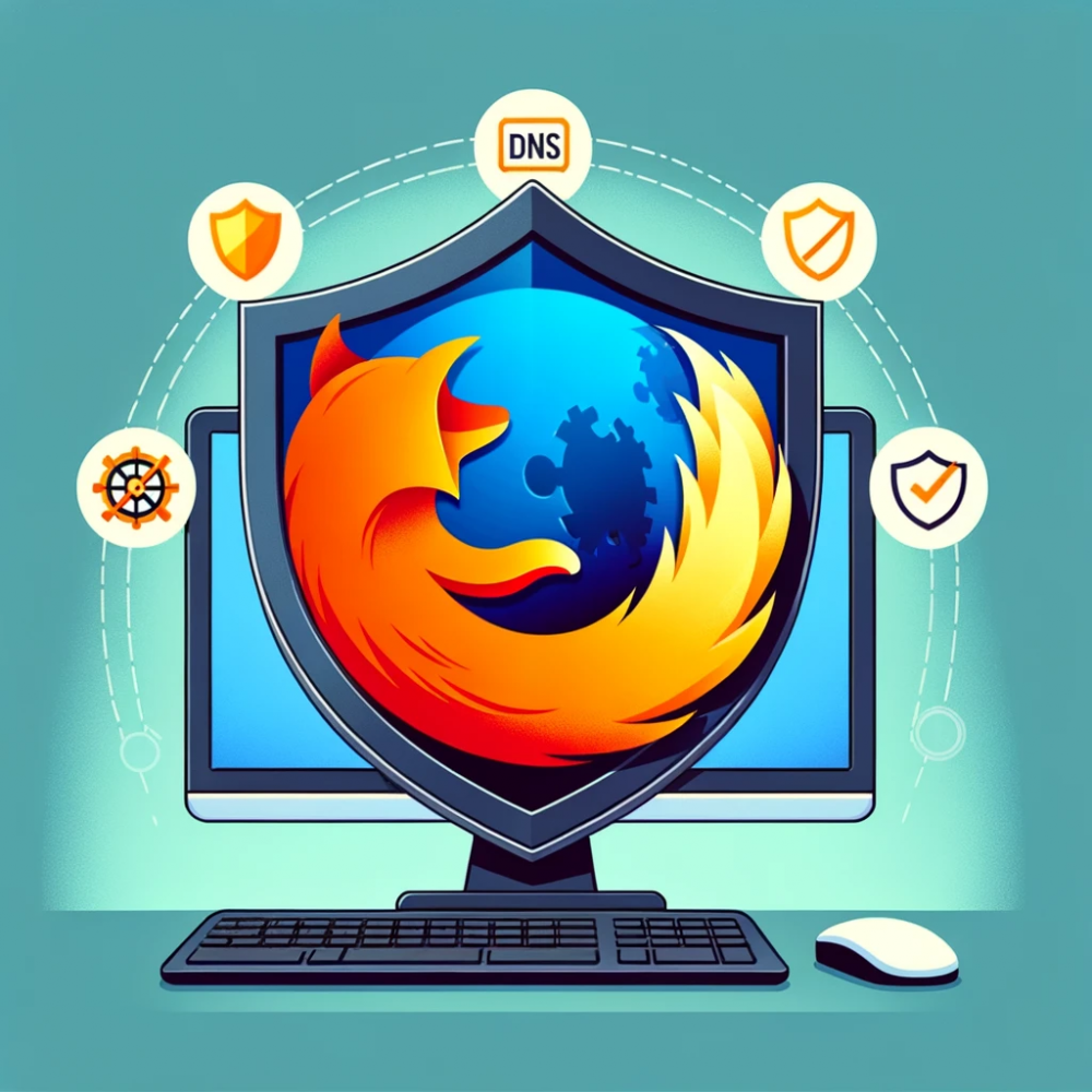 DALL·E 2023-10-25 06.00.54 - Illustrazione di un computer con il logo di Firefox in primo piano, e dietro di esso un grande scudo che simboleggia la protezione. Sopra lo scudo, ci