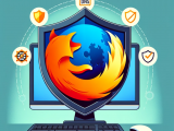 DALL·E 2023-10-25 06.00.54 - Illustrazione di un computer con il logo di Firefox in primo piano, e dietro di esso un grande scudo che simboleggia la protezione. Sopra lo scudo, ci