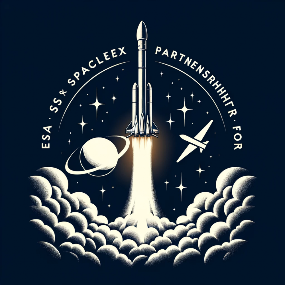 DALL·E 2023-10-25 06.08.30 - Vector graphic of the Falcon 9 rocket ascending into space, leaving behind a trail of smoke, with the words 'ESA & SpaceX Partnership for Galileo' dis