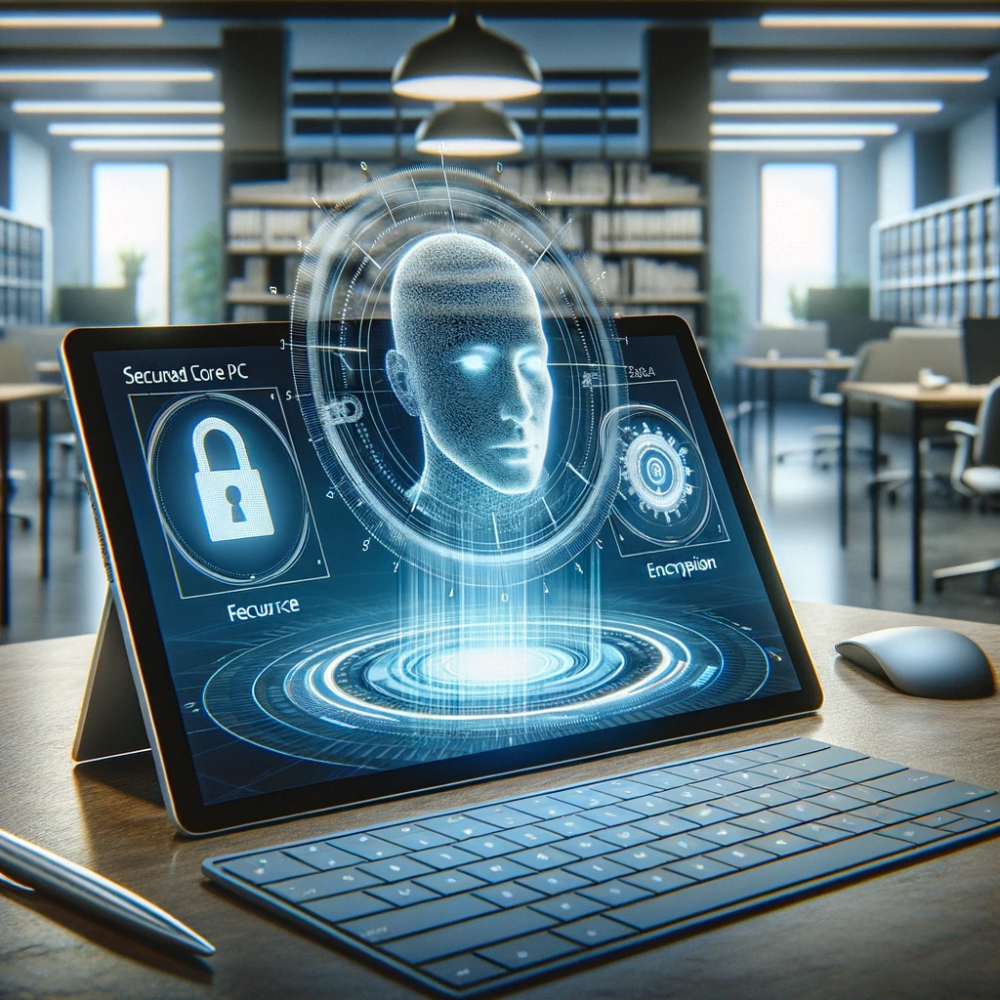 DALL·E 2023-10-25 22.14.04 - Render of a modern office setup with a Microsoft Surface device prominently displayed. On its screen, a holographic display shows security features, i