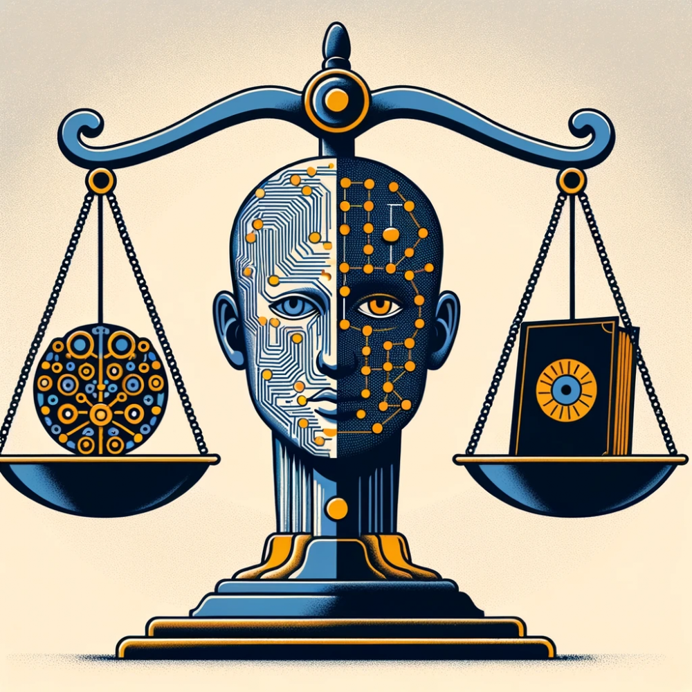 DALL·E 2023-10-26 08.05.07 - Illustrazione che rappresenta una bilancia della giustizia, da un lato l'intelligenza artificiale generativa e dall'altro il libro delle leggi dell'UE
