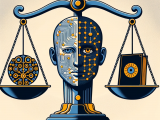 DALL·E 2023-10-26 08.05.07 - Illustrazione che rappresenta una bilancia della giustizia, da un lato l'intelligenza artificiale generativa e dall'altro il libro delle leggi dell'UE