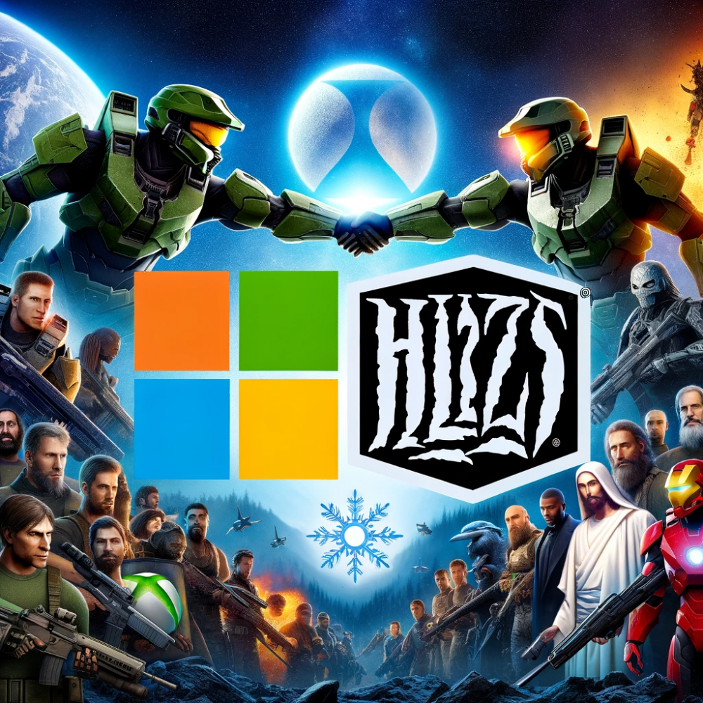 DALL·E 2023-10-26 08.28.45 - Photo of Microsoft and Activision Blizzard logos merging together, symbolizing their agreement. In the background, various popular game titles from bo