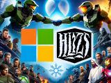 DALL·E 2023-10-26 08.28.45 - Photo of Microsoft and Activision Blizzard logos merging together, symbolizing their agreement. In the background, various popular game titles from bo