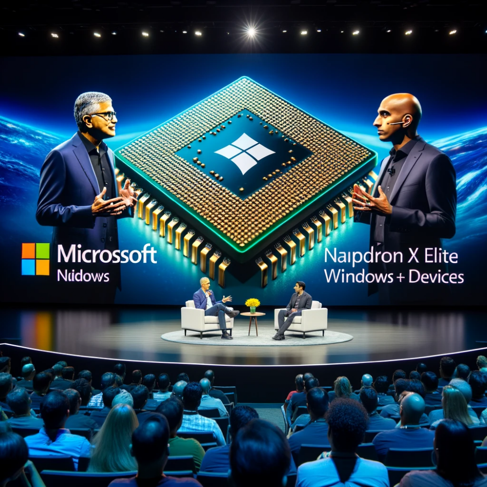 DALL·E 2023-10-26 10.30.27 - Photo of a conference stage where Microsoft CEO Satya Nadella and CVP Windows + Devices Pavan Davuluri are discussing the impact of Snapdragon X Elite