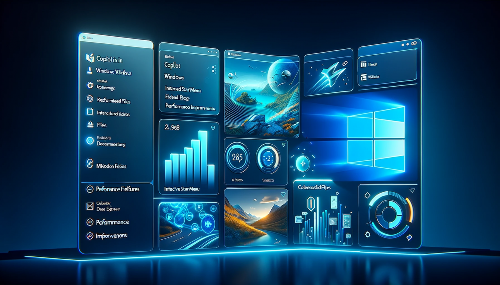 DALL·E 2023-10-27 04.36.50 - Illustration of a futuristic Windows 11 desktop with modern icons and a sleek interface, showcasing the newly released build 22621.2506. A sidebar hig
