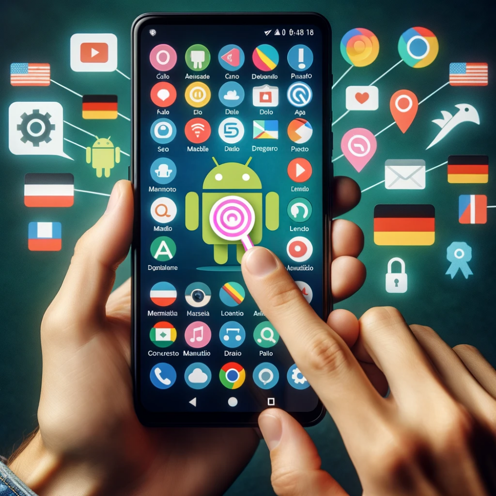 DALL·E 2023-10-27 09.23.13 - Foto di una persona che utilizza un dispositivo Android, mentre interagisce con le nuove funzionalità di Android 13 selezionando un tema icona attrav