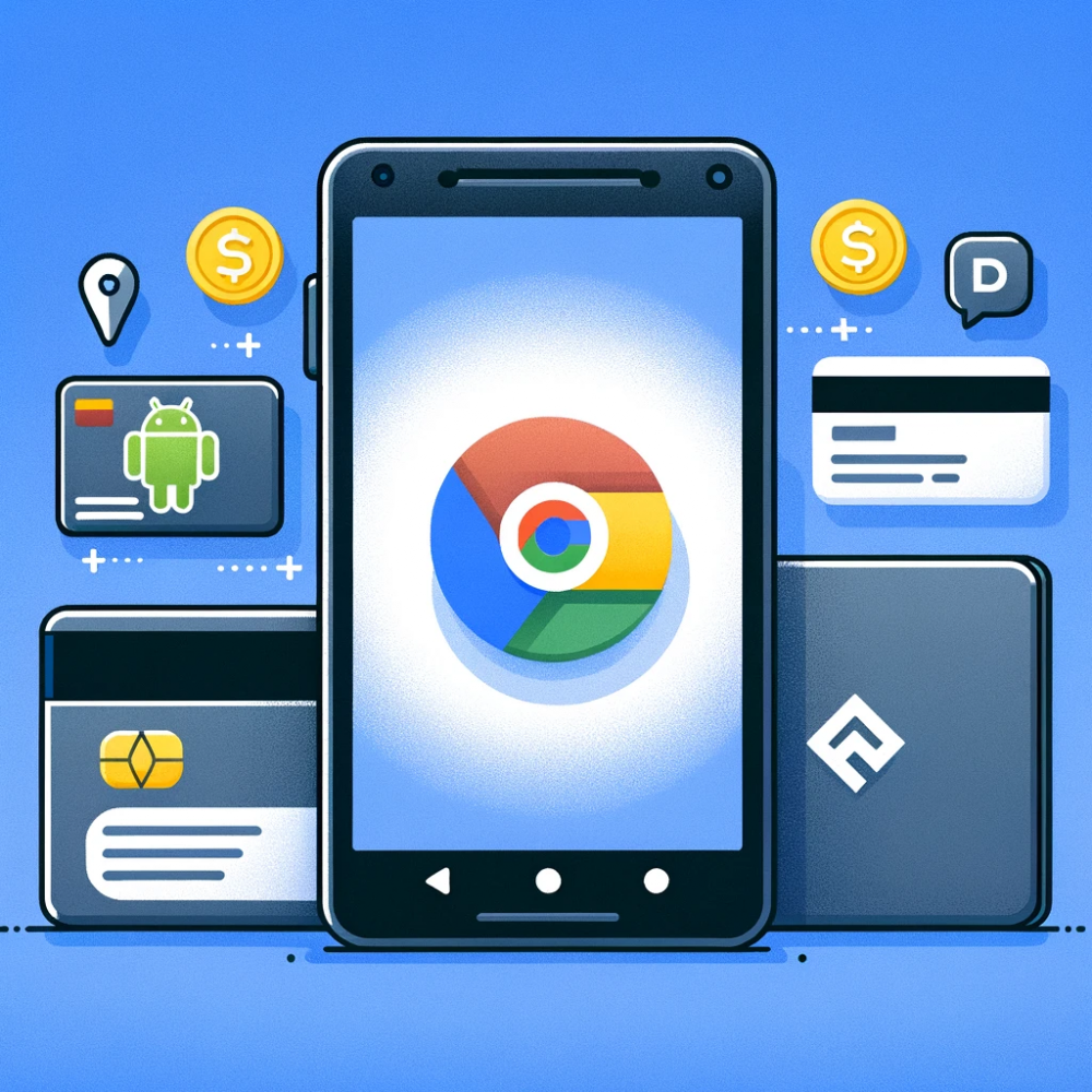 DALL·E 2023-10-27 09.38.32 - Illustrazione di un dispositivo Android con l'icona di Google Wallet evidenziata sullo schermo. Sfondo mostra simboli di carte di credito, carte d'ide