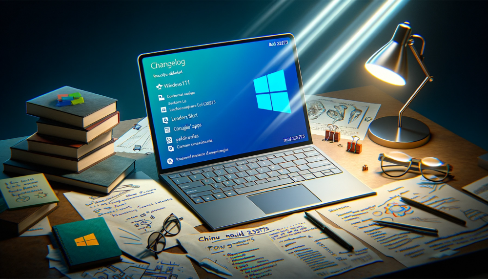 DALL·E 2023-10-27 19.23.09 - Illustration of a modern laptop showcasing Windows 11's desktop. The laptop sits on a table surrounded by notes and sketches. The 'Menu Start' on the