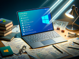 DALL·E 2023-10-27 19.23.09 - Illustration of a modern laptop showcasing Windows 11's desktop. The laptop sits on a table surrounded by notes and sketches. The 'Menu Start' on the