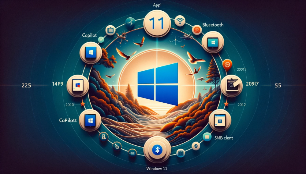 DALL·E 2023-10-28 08.22.24 - Photo illustration of a collage showcasing the evolution of Windows 11. Elements include A prominent Windows 11 logo in the center, a Menu Start inte