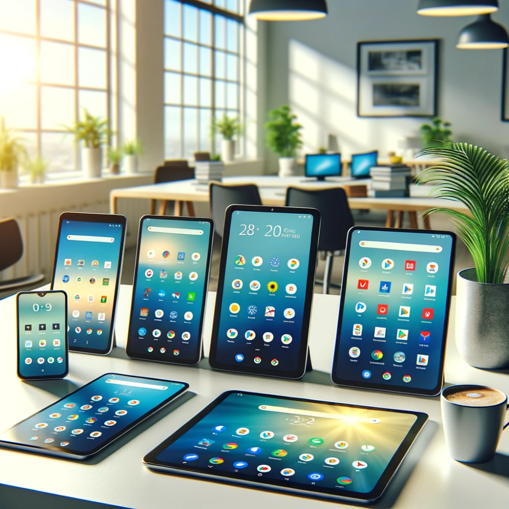 DALL·E 2023-10-28 12.08.00 - Foto di diverse tablet Android disposte su un tavolo moderno con sfondo di un ufficio luminoso. Sullo schermo di ogni tablet, ci sono diverse app aper