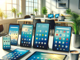 DALL·E 2023-10-28 12.08.00 - Foto di diverse tablet Android disposte su un tavolo moderno con sfondo di un ufficio luminoso. Sullo schermo di ogni tablet, ci sono diverse app aper