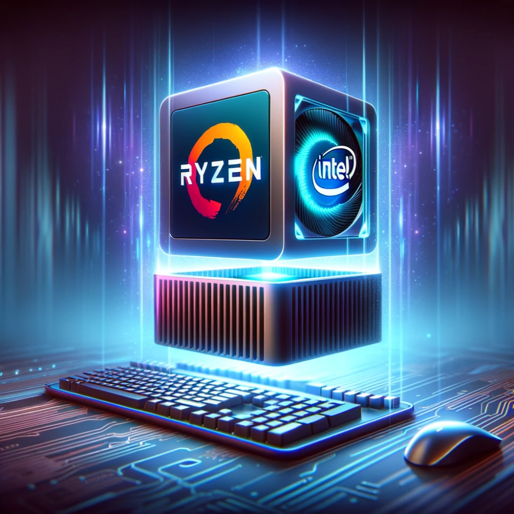 DALL·E 2023-10-29 10.03.36 - Illustration of a mini PC in a 3D perspective view, floating above a desk with a digital aura around it. The logos of Ryzen and Intel are glowing brig