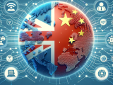 DALL·E 2023-10-30 10.57.27 - Illustration of a globe, focusing on the UK and China. Digital connections, resembling mesh WiFi signals, link the two countries. Surrounding the glob