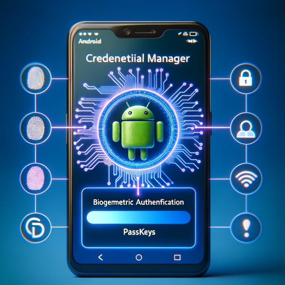 DALL·E 2023-10-30 13.29.51 - Photo representation of an Android smartphone displaying the Credential Manager interface, highlighting the integration of biometric authentication li
