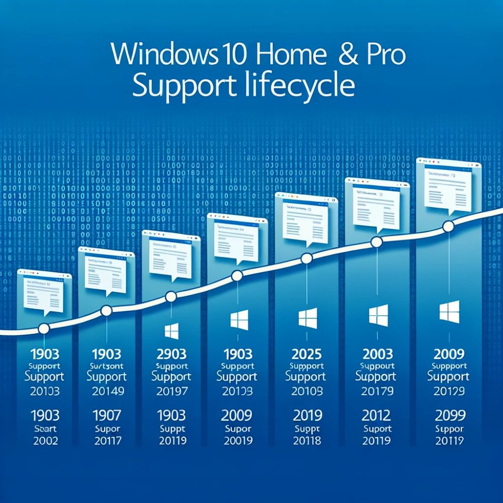 DALL·E 2023-10-31 08.17.34 - Illustration of a timeline showcasing the different versions of Windows 10, from 1903 to 22H2. Each version is represented by a milestone on the timel