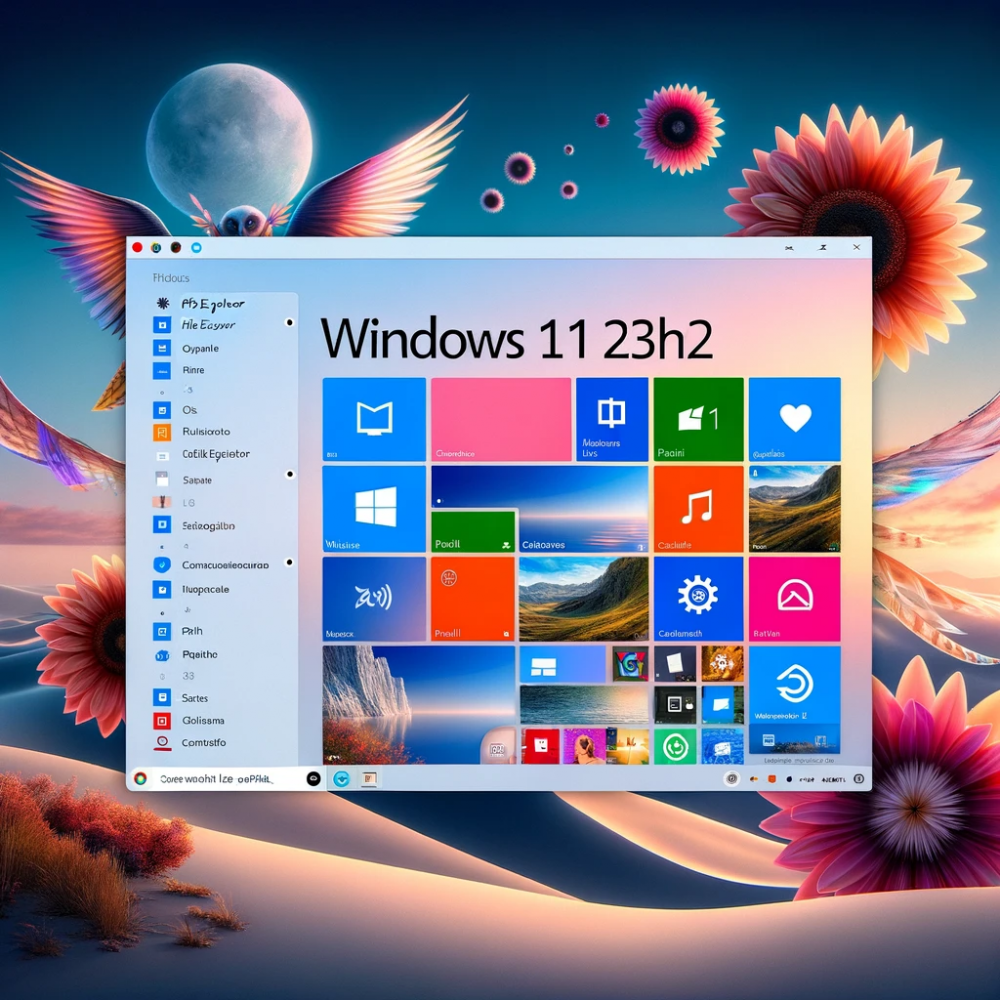 DALL·E 2023-10-31 18.47.38 - Una foto che mostra la schermata del desktop di Windows 11 Versione 23H2, evidenziando alcune delle nuove funzionalità e cambiamenti. Sullo schermo, c