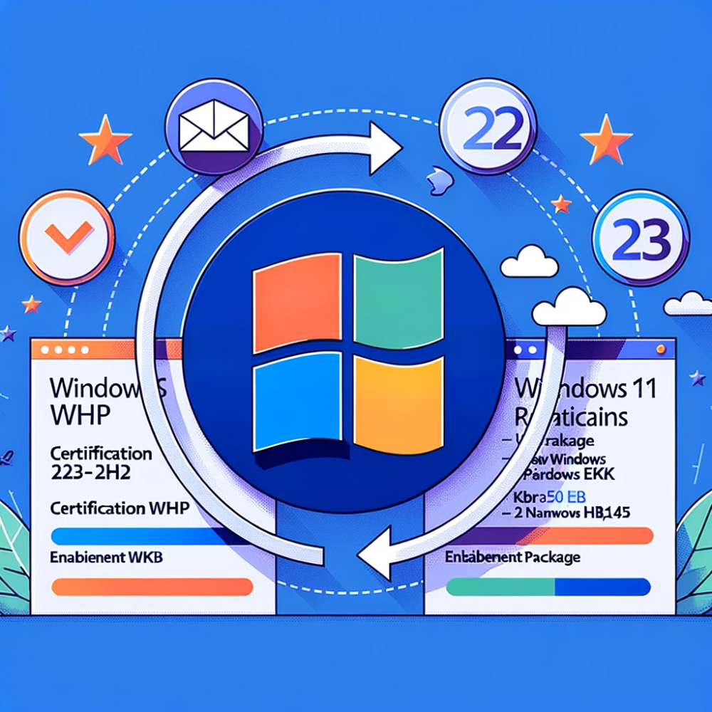 DALL·E 2023-11-01 08.35.56 - Illustration of a Windows 11 logo transitioning between the versions 22H2 and 23H2. Surrounding the logo are symbols representing the certification WH