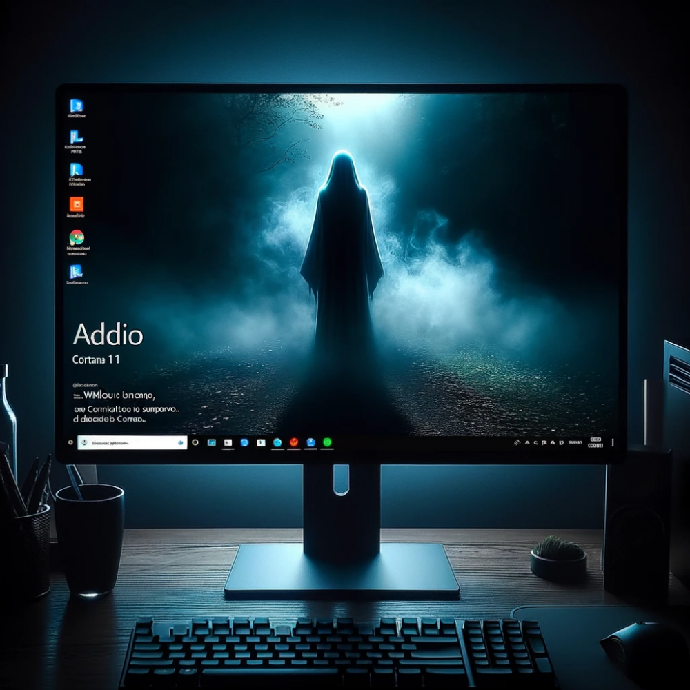 DALL·E 2023-11-01 09.51.45 - Foto di un computer desktop con lo schermo che mostra l'interfaccia di Windows 11. Sullo schermo c'è un messaggio di addio dedicato a Cortana, circond