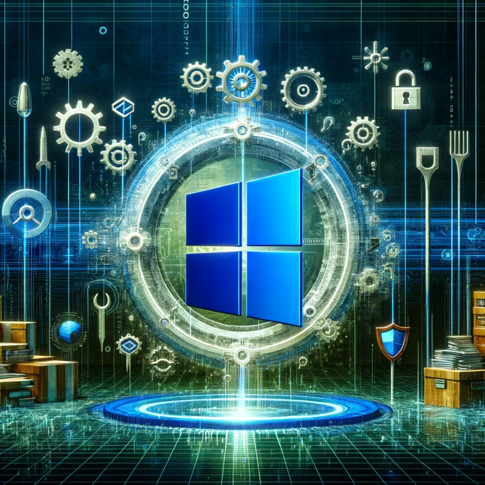 DALL·E 2023-11-05 17.48.53 - A digital artwork of an abstract concept where the Windows 11 logo is being upgraded and optimized by digital tools and gears, symbolizing the dynamic