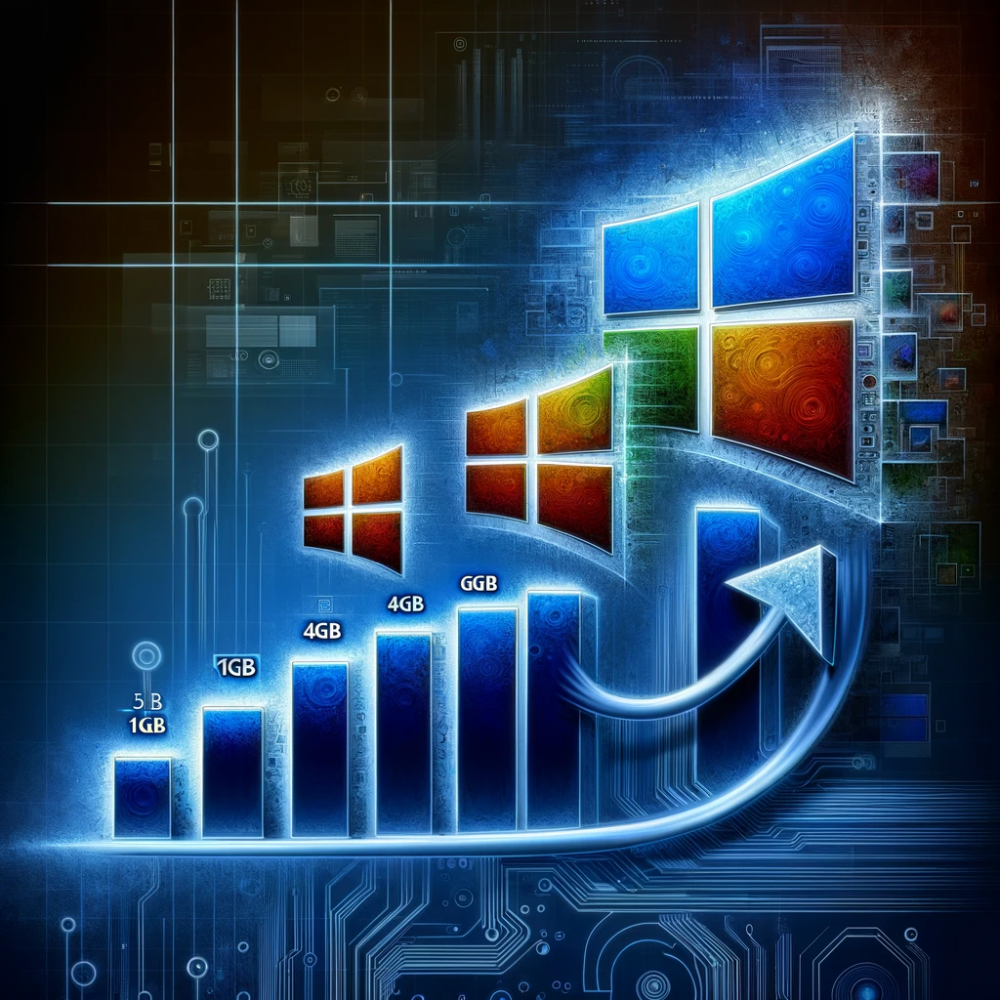 DALL·E 2023-11-06 06.15.49 - An abstract representation of the evolution of Microsoft's Windows operating system, showcasing the growth in size from Windows 10 to Windows 11. The