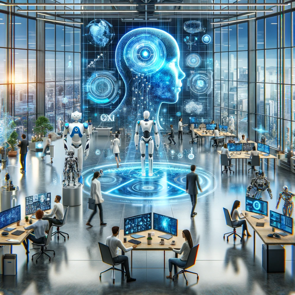 DALL·E 2023-11-06 08.35.54 - Create an image of a futuristic AI startup office environment that represents the concept of a company like xAI. The scene should include advanced tec